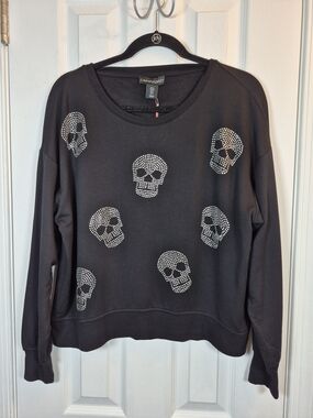 NWT Cynthia Rowley Black Rhinestone Skull Crewneck Sweatshirt Cozy Goth Size S